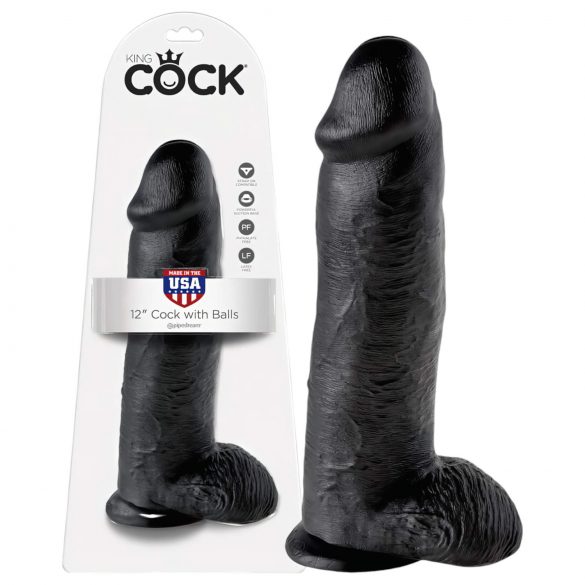 Královský Kok 12 s varlaty velké dildo (30 cm) - černé