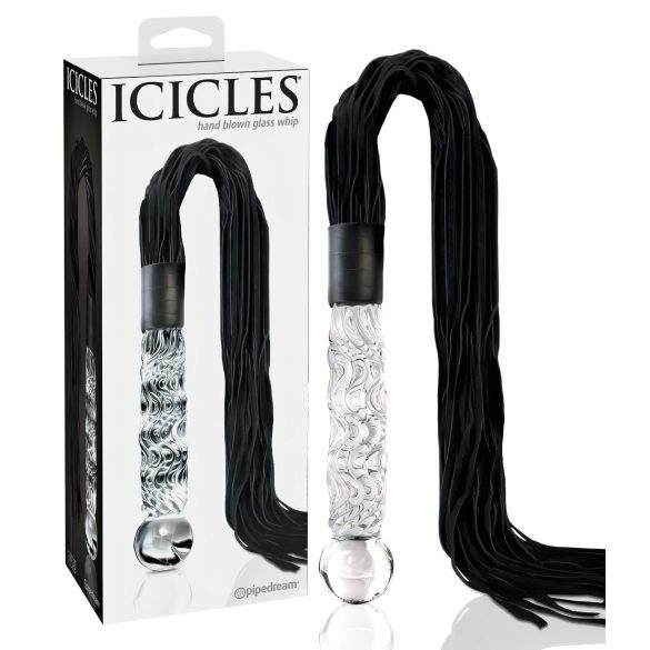 Icicles No. 38 - skleněné dildo s koženým bičíkem (průhledné-černé)