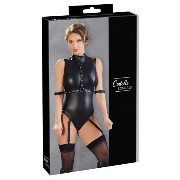 Cottelli Bondage - sjajni bodi sa zadrživačima za ruke (crni) - XL