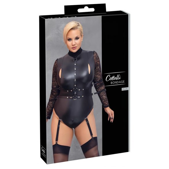 Cottelli Bondage Plus Size - crni body s čipkastim rukavima