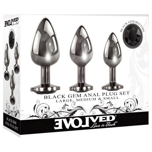 Evolved Black Gem - crni metalni analni plug set (crno-srebrni)